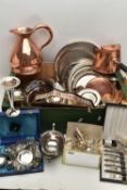 A BOX OF ASSORTED METAL WARE, to include a copper water jug, copper kettle and dish, a brass vase,