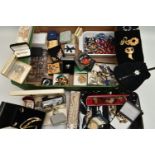 A BOX OF ASSORTED COSTUME JEWELLERY, to include boxed sets of jewellery, imitation pearl
