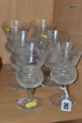 A SET OF SIX EDINBURGH CRYSTAL THISTLE GLASSES, engraved and hobnail cut design (6) (Condition