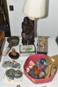 A COLLECTION OF ORIENTAL ITEMS, to include a Chinese silk iron with wooden handle, a collection of