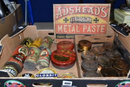 A VINTAGE WOODEN ADSHEAD'S BRIGHT METAL PASTE BOX, containing a quantity of Adshead's Bright metal