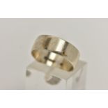 A 9CT GOLD WIDE BAND RING, polished white gold band, approximate band width 6.6mm, hallmarked 9ct