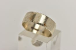 A 9CT GOLD WIDE BAND RING, polished white gold band, approximate band width 6.6mm, hallmarked 9ct
