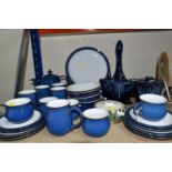 DENBY IMPERIAL BLUE DINNERWARE TOGETHER WITH AVALON POTTERY DECANTER (chipped stopper), together