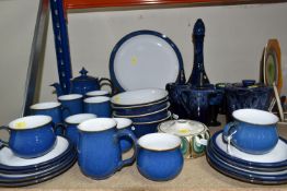 DENBY IMPERIAL BLUE DINNERWARE TOGETHER WITH AVALON POTTERY DECANTER (chipped stopper), together