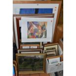 A QUANTITY OF PAINTINGS AND PRINTS ETC, to include nine watercolours depicting landscapes, signed