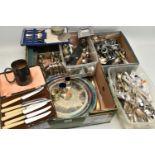 A BOX OF ASSORTED WHITE METAL WARE, to include a silver lipstick case, engine turned pattern,