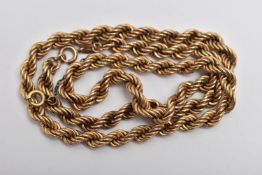 A 9CT GOLD ROPE TWIST CHAIN, fitted with a lobster clasp, hallmarked 9ct London import, fitted