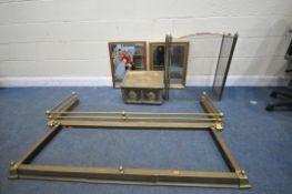 TWO BRASS FENDERS, longest length 150cm, a brass slipper box, a fire screen and two wall mirrors (
