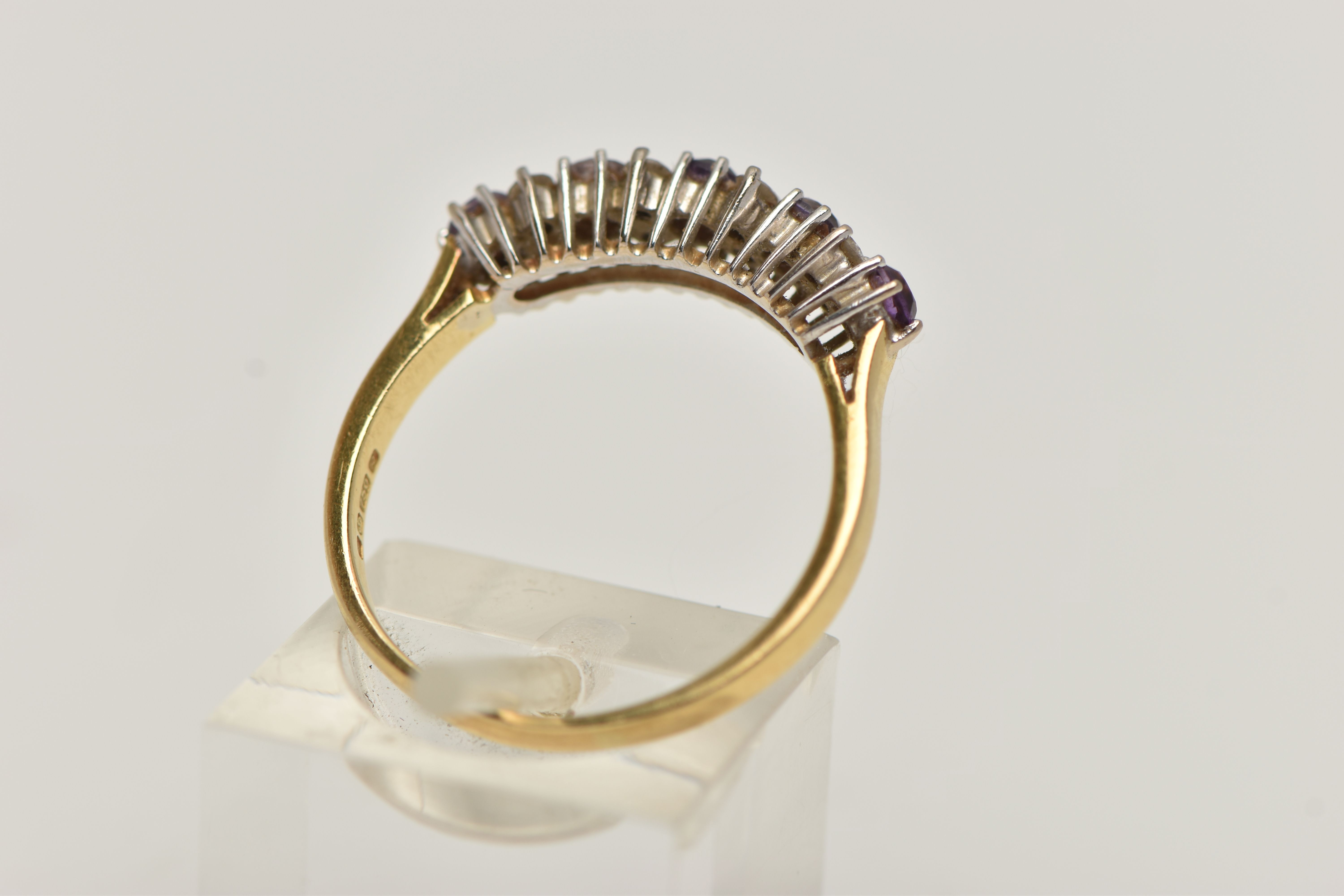 A 18CT GOLD DIAMOND AND AMETHYST RING, five circular cut amethyst stones interspaced with round - Image 3 of 4