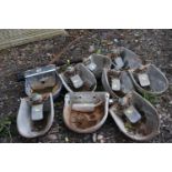 NINE GALVANISED CATTLE DRINKING BOWLS, seven labelled 'Burgess LTD Stafford' and a pair of horse