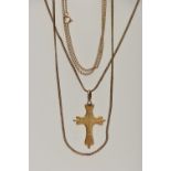 TWO YELLOW METAL CHAINS AND A CROSS PENDANT, the first a fine curb link chain with spring clasp,