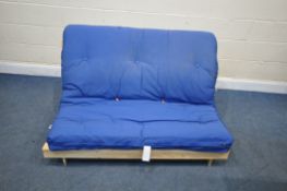 A MODERN PINE FRAME KYOTO FUTON, with blue upholstery (condition - ideal for a clean)