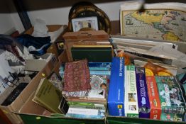 FIVE BOXES OF BOOKS, EPHEMERA AND SUNDRIES, to include, an early 20th century beaded evening bag,