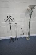 A WROUGHT IRON NINE BRANCH CANDELABRA, height 144cm, a smaller wrought iron candle stand, a steel