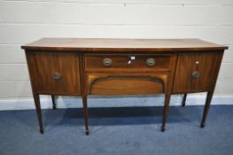A DRUCE AND CO MAHOGANY AND INLAID BOW FRONT SIDEBOARD, with two cupboard doors, flanking two