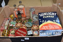 A BOX OF VINTAGE PACKAGING, including Sunlight Flakes, Lifebuoy Soap and a collection of early