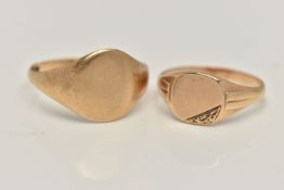 TWO 9CT GOLD SIGNET RINGS, the first an oval signet, hallmarked 9ct Birmingham, ring size S, the