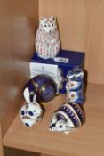 FIVE ROYAL CROWN DERBY PAPERWEIGHTS, comprising a boxed 'Hamster' with a gold stopper and date
