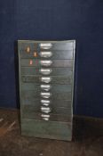 A VINTAGE METAL CHEST OF TEN LONG DRAWERS width 40cm x depth 26cm x height 76cm (Condition dent to