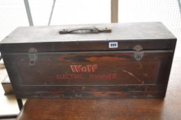A VINTAGE WOLF ELECTRIC HAMMER DRILL in its original stained pine case 68cm long (untested)(this lot