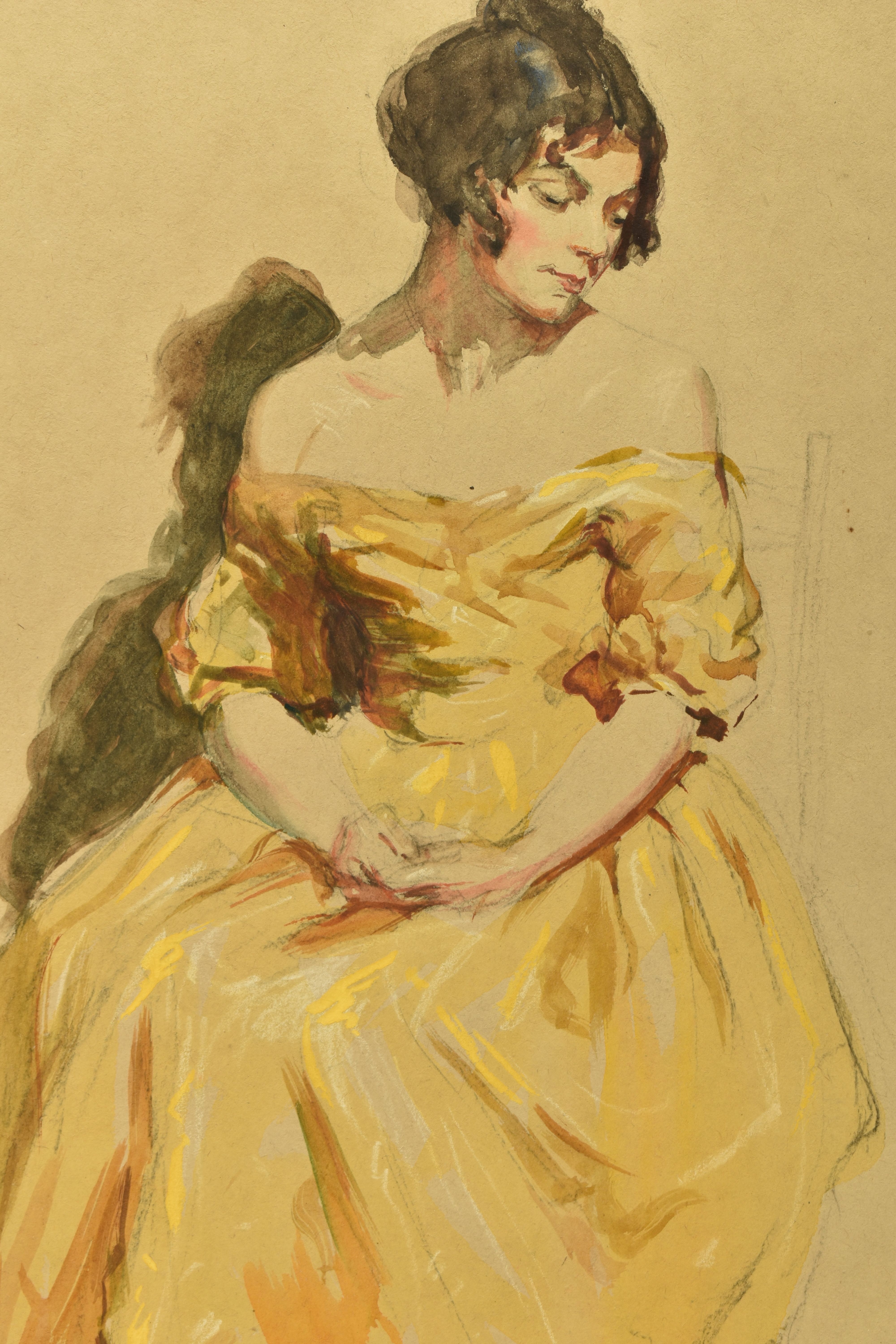 A 19TH CENTURY FULL LENGTH PORTRAIT OF A SEATED FEMALE FIGURE, she wears a yellow dress and is - Image 3 of 7