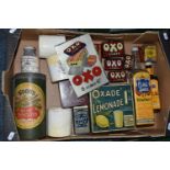 A BOX OF VINTAGE ADVERTISING ITEMS, including Oxade Lemonade tin, Oxo point of sale advertising