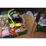 FOUR BOXES OF CERAMICS, GLASS, TOYS, GAMES AND KITCHENALIA, including assorted part tea sets by