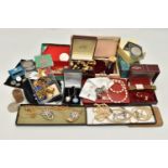 A BOX OF ASSORTED ITEMS, to include a silver curb link bracelet, links stamped with a sterling mark,