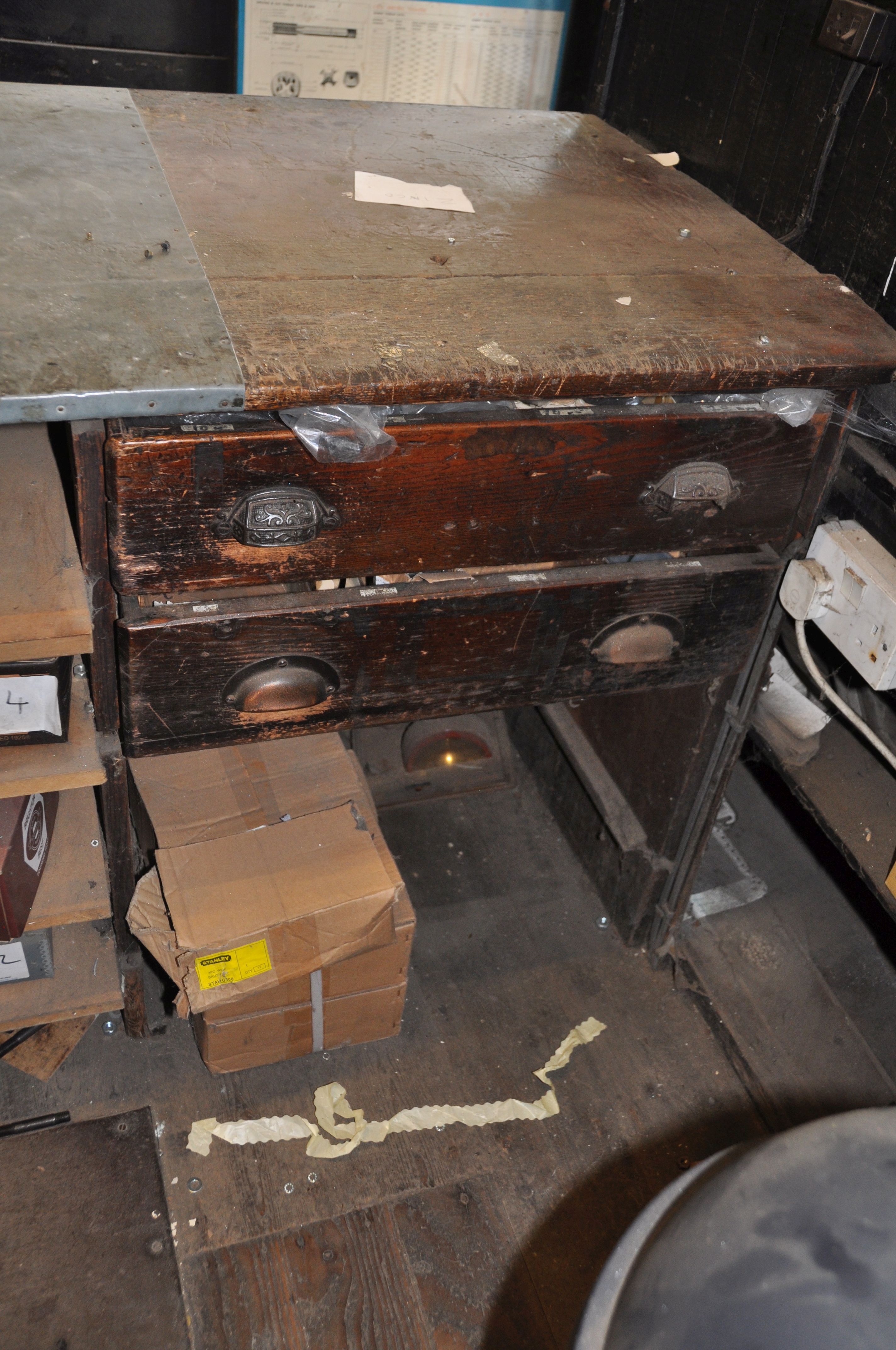 AN EARLY 20th CENTURY SHOP COUNTER with panelled front, pine plant top, zink plate and Rabone and - Image 3 of 4