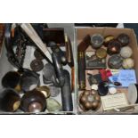 TWO BOXES OF SUNDRY VINTAGE ITEMS, to include five horn cups, one carved with a scene of a man