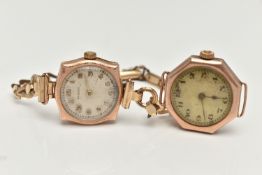 TWO LADYS 9CT GOLD EARLY 20TH CENTURY 'ROLEX' WRISTWATCHES, the first an AF manual wind watch
