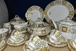 A THIRTY NINE PIECE ROYAL CROWN DERBY 'GREEN DERBY PANEL' DINNER SERVICE, comprising two tureens,