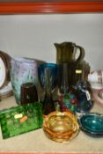 A COLLECTION OF COLOURED STUDIO GLASS, comprising a smoky grey Whitefriars lemonade set (five