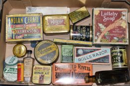 A QUANTITY OF ASSORTED VINTAGE ADVERTISING TINS AND PACKETS, including Lullaby Soap, Parkinsons
