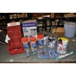 A SELECTION OF WORKSHOP CONSUMABLES including paint markers, dowel pegs, earplugs, graphite