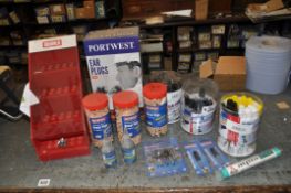 A SELECTION OF WORKSHOP CONSUMABLES including paint markers, dowel pegs, earplugs, graphite