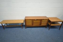 A MID CENTURY TEAK SMALL SIDEBOARD, with two cupboard doors flanking a fall front door, width