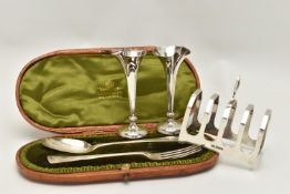 AN ASSORTMENT OF SILVER ITEMS, to include a cased christening set, a spoon and fork, hallmarked '