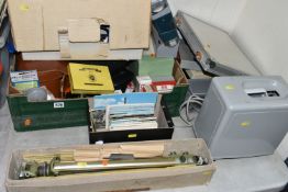 THREE BOXES AND LOOSE CAMERA EQUIPMENT, POSTCARDS, ETC, including a boxed Western Germany tripod,