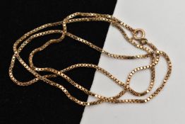 A 9CT GOLD BOX LINK CHAIN, fitted with a spring clasp, hallmarked 9ct Sheffield import, length