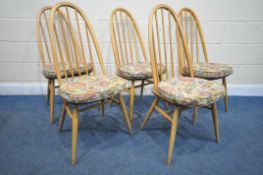 A SET OF FIVE ERCOL ELM AND BEECH QUAKER BACK CHAIRS, model number 365, all with floral seat pads (