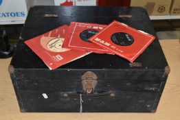 A LARGE WOODEN CASE OF OVER TWO HUNDRED 45RPM SINGLE RECORDS, to include artists Rod Stewart,