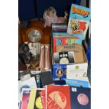 THREE BOXES AND LOOSE CLOCK, COACH LAMP, BOOKS, RECORDS AND SUNDRY ITEMS, to include a twentieth