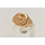 A HEAVY 18CT GOLD INTAGLIO SIGNET RING, square signet with cut off corners, intaglio reads 'Omnia