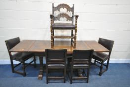 A REPRODUCTION OAK TRESTLE DRAW LEAF DINING TABLE, on square tapered legs, with foliate detailing,
