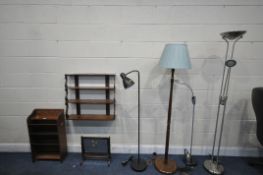 A SELECTION OF LAMPS, to include four various standard lamps, a table lamp, an oak three tier