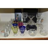 A GROUP OF GLASS WARES, to include a cased pair of Waterford Crystal wine goblets in the Curraghmore