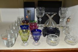 A GROUP OF GLASS WARES, to include a cased pair of Waterford Crystal wine goblets in the Curraghmore