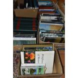 FIVE BOXES OF BOOKS, over eighty hardback and paperback titles to include gardening, travel and